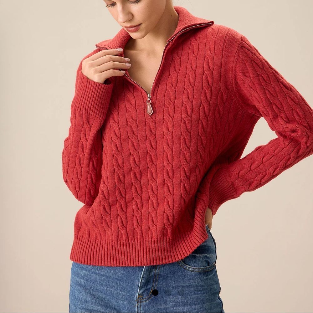 Cable Knit Quarter Zip Long Sleeve Sweater Red Womens Size Large New With Tag